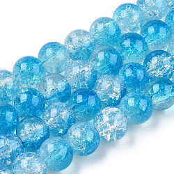 Transparent Crackle Baking Painted Glass Beads Strands, Imitation Opalite, Round, Deep Sky Blue, 8.5x7.5mm, Hole: 1.5mm, about 107~109pcs/strand, 30.71 inch~31.30 inch(78~79.5cm)(DGLA-T003-01A-05)