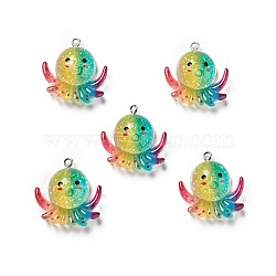 Ocean Theme Transparent Resin Pendants, with Glitter Powder and Platinum Tone Iron Loops, Sea Animal Charm, Colorful, Octopus Pattern, 28x27x8.5mm, Hole: 2mm(RESI-E024-05P-01)