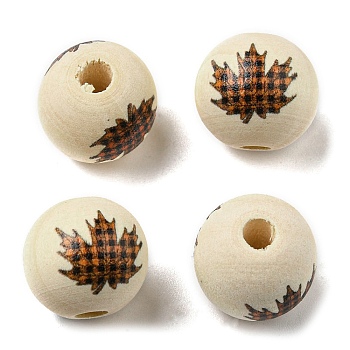 Autumn Wood European Beads, Printed Large Hole Beads, Round, Leaf, 16mm, Hole: 4mm