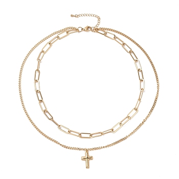 Vacuum Plating 304 Stainless Steel Double Chains Multi Layered Necklace with Cross Charm for Women, Golden, 16.34 inch(41.5cm)