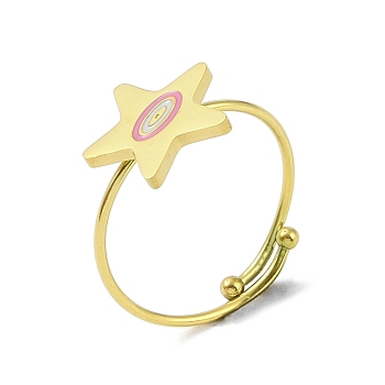 Star 304 Stainless Steel Enamel Ring, 316 Surgical Stainless Steel Open Cuff Ring for Women, Real 18K Gold Plated, Pearl Pink, Adjustable
