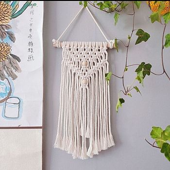 Cotton Cord Macrame Woven Wall Hanging, with Plastic Non-Trace Wall Hooks, for Nursery and Home Decoration, Floral White, 540x200x22mm