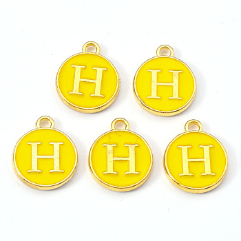 Golden Plated Alloy Enamel Charms, Enamelled Sequins, Flat Round with Letter, Gold, Letter.H, 14x12x2mm, Hole: 1.5mm