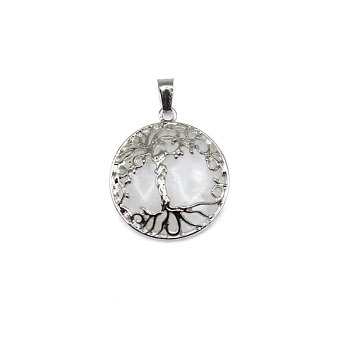 Natural Quartz Crystal Pendants, Rock Crystal Pendants, Tree of Life Charms with Platinum Plated Alloy Findings, 31x27mm
