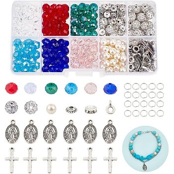 DIY Rosay Jewelry Making Finding Kit, Including Rhinestone Disco Ball & Glass Pearl Beads, Cross Alloy Pendants & Hangers, 304 Stainless Steel Jump Rings, Mixed Color, 376Pcs/box