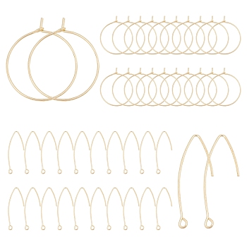 40Pcs 2 Styles Brass Earring Hooks and Hoop Earrings, with Horizontal Loop, Real 18K Gold Plated, 35mm, Hole: 1.8mm, 20 Gauge, Pin: 0.8mm, 20pcs