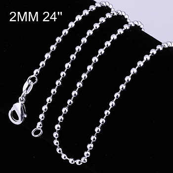 Brass Ball Chain Necklaces, with Lobster Claw Clasps, Silver Color Plated, 24 inch, 2mm