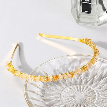 Wire Wrapped Natural Citrine Chip Hair Bands, with Metal Hoop, for Women Girls, 140x120x25mm