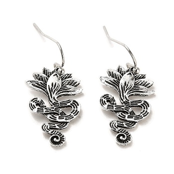 Lotus & Snake Dangle Earrings, Zinc Alloy Long Drop Earrings for Women, Antique Silver, 31x16mm