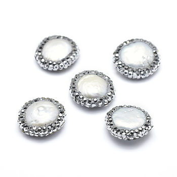 Natural Cultured Freshwater Pearl Beads, with Polymer Clay Rhinestone, Flat Round, White, 15~17x5~7mm, Hole: 0.8mm