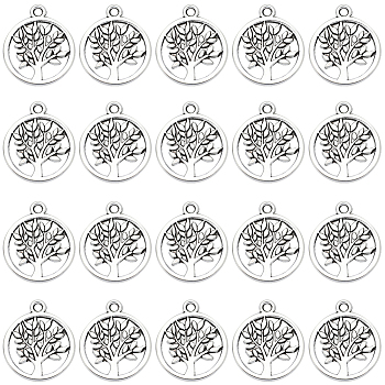 100Pcs Tibetan Style Alloy Pendants, Lead Free & Cadmium Free, Flat Round with Tree of Life, Antique Silver, 20x17x1mm, Hole: 1.8mm