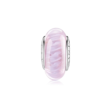TINYSAND Rhodium Plated 925 Sterling Silver Beads, with Spiral Glass, Rondelle, Lavender Blush, 7.31x4.36mm, Hole: 2.18mm