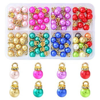80Pcs 8 Colors ABS Plastic Charms, with Golden Tone Iron Findings and Rhinestone, Dyed, Round, Mixed Color, 13.5x8mm, Hole: 2.5mm, 10pcs/color