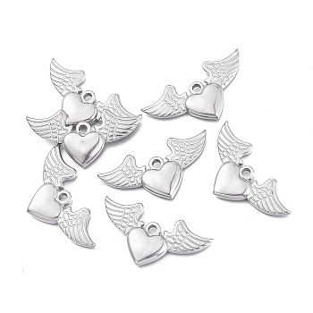 Valentine's Day 304 Stainless Steel Pendants, Heart with Wings, Stainless Steel Color, 20.3x40x3.5mm, Hole: 2.8mm