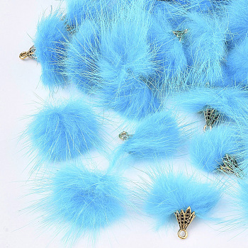 Faux Mink Fur Tassel Pendant Decorations, with Alloy Findings, Antique Golden, Deep Sky Blue, 20~30x28~30mm, Hole: 1.8mm