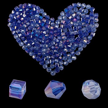 360Pcs 3 Style Electroplate Glass Beads Strands, AB Color Plated, Faceted, Round & Cube & Bicone, Blue, 7.5~8x7.5~8x7.5~8mm, Hole: 1~1.5mm, 120pcs/style