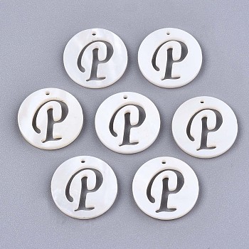 Natural Freshwater Shell Charms, Flat Round with Hollow Out Letter, Letter.P, 14.5x1.5mm, Hole: 0.9mm