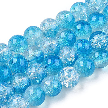 Transparent Crackle Baking Painted Glass Beads Strands, Imitation Opalite, Round, Deep Sky Blue, 8.5x7.5mm, Hole: 1.5mm, about 107~109pcs/strand, 30.71 inch~31.30 inch(78~79.5cm)