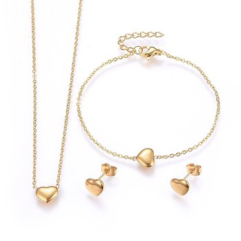 304 Stainless Steel Jewelry Sets, Pendant Necklaces & Stud Earrings & Bracelets, Heart, Golden, 16.93 inch(43cm), 6-3/4 inch(17cm), 7x9x2.5mm, Pin: 0.8mm