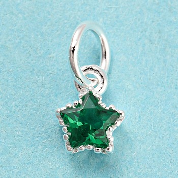 925 Sterling Silver Charms, with Cubic Zirconia, Faceted Star, Silver, Green, 7x5x2.5mm, Hole: 3mm