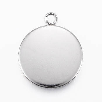 304 Stainless Steel Pendant Cabochon Settings, Flat Round, Stainless Steel Color, Tray: 20mm, 26.5x22x2mm, Hole: 3mm