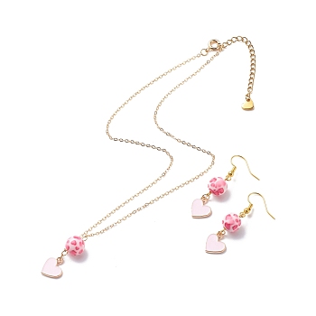 Alloy Enamel Heart with Resin Beaded Pendant Necklace Dangle Earrings, Valentine Theme Jewelry for Kids, Pink, 15.98 inch(40.6cm), 47mm