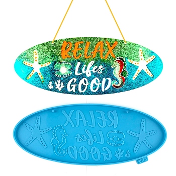 Beach Theme Oval Pendant Decoration Silicone Molds, Resin Casting Molds, for UV Resin, Epoxy Resin Craft Making, with Word RELAX Lifes GOOD, Deep Sky Blue, 100x255x9mm, Hole: 3mm
