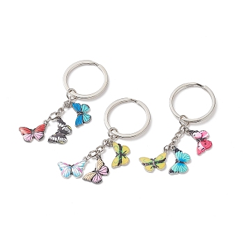 3Pcs Colorful Butterfly Alloy Enamel Pendant Keychain, with Iron Findings, Mixed Color, 7cm
