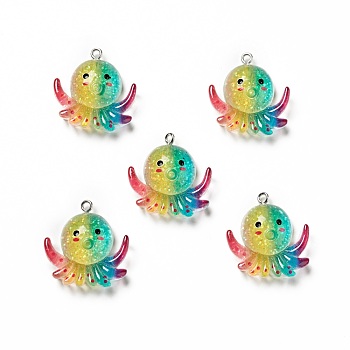 Ocean Theme Transparent Resin Pendants, with Glitter Powder and Platinum Tone Iron Loops, Sea Animal Charm, Colorful, Octopus Pattern, 28x27x8.5mm, Hole: 2mm