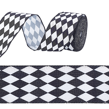 Polyester Ribbon, Black and White, Rhombus Pattern, 2-3/8 inch(61mm), 12 yards/roll