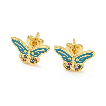Butterfly Real 18K Gold Plated Brass Stud Earrings, with Enamel and Cubic Zirconia, Teal, 8x12.5mm