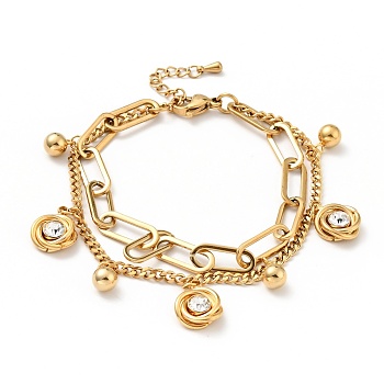 Crystal Rhinestone Knot and Round Ball Charm Multi-strand Bracelet, Vacuum Plating 304 Stainless Steel Double Layered Chains Bracelet for Women, Golden, 7-1/2 inch(19cm)