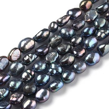 Natural Cultured Freshwater Pearl Beads Strands, Two Sides Polished, Dyed, Dark Slate Blue, 6~8x5.5~6.5mm, Hole: 0.6mm, about 45pcs/strand, 14.37 inch(36.5cm)