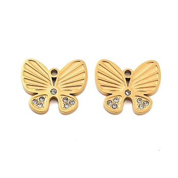 Ion Plating(IP) 304 Stainless Steel Pendant, with Rhinestone, Butterfly, Golden, 14x16x1.5mm, Hole: 1.5mm