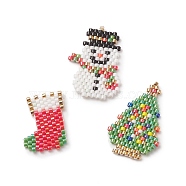 3Pcs 3 Style Handmade MIYUKI Japanese Seed Loom Pattern Seed Beads, Christmas Tree & Sock & Snowman Pendants, Mixed Color, 21~29x16~20x1.8mm, Hole: 0.7mm, 1Pc/style(PALLOY-MZ00076)