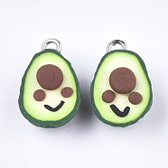 Handmade Polymer Clay Pendants, with Iron Findings, Avocado, Platinum, Green, 17.5x11x8mm, Hole: 2mm(X-CLAY-S092-52)