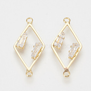 Brass Cubic Zirconia Links, Clear, Rhombus, Real 18K Gold Plated, 29x13x3mm, Hole: 1.5mm(X-KK-T027-42G)