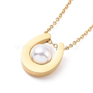 Plastic Imitation Pearl Teardrop Pendant Necklace, Ion Plating(IP) 304 Stainless Steel Jewelry for Women, Golden, 16.14 inch(41cm)(NJEW-A004-12G)