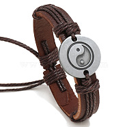 Adjustable Cowhide Cord Bracelets for Men, Antique Silver Tone Yin Yang Alloy Links Bracelets, Coconut Brown, 6-3/4~7-1/8 inch(17~18cm)(BJEW-PW0001-01B)