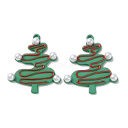 Spray Painted Alloy Pendants, with ABS Plastic Imitation Pearl Beads, Christmas Tree, Medium Aquamarine, 30x25x2~4.5mm, Hole: 1.4mm(PALLOY-M215-13B-01)