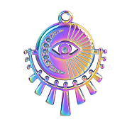Stainless Steel Pendants, Flat Round with Evil Eye Charms, Rainbow Color, 25x19mm, Hole: 1.5mm(EVIL-PW0001-11M)
