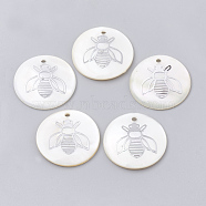 Freshwater Shell Pendants, with Brass Findings, Flat Round with Bee, Platinum, 22.5~23x1.5~2mm, Hole: 1.5mm(SHEL-T009-12P)