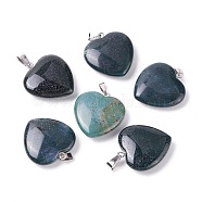 Natural Indian Agate Pendants, with Platinum Tone Brass Findings, Heart, 27~28x24.5~26x6~8.5mm, Hole: 2.4x5.6mm(G-G956-B49-FF)