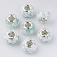 Resin European Beads, Large Hole Beads, with Platinum Tone Brass Double Cores, Rondelle, Pale Turquoise, 14x9mm, Hole: 5mm(RPDL-N015-01G)