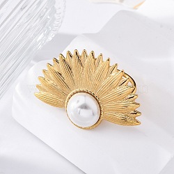 304 Stainless Stee Finger Rings, with Plastic Imitation Pearls, Real 18K Gold Plated, Flower, Flower: 26.5x39.5mm, US Size 7 1/4(17.5mm)(RJEW-Q005-02C-G)