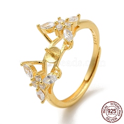 925 Sterling Silver Micro Pave Cubic Zirconia Adjustable Cuff Ring Settings, for Half Drilled Beads, Flower, with S925 Stamp, Real 18K Gold Plated, US Size 7 3/4(17.9mm), Pin: 0.9(STER-NH0001-58G)