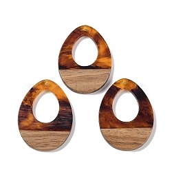 Resin & Wood Pendants, Hollow Teardrop Charms, Saddle Brown, 37.5x28x3.5mm, Hole: 2mm(WOOD-F015-17G)