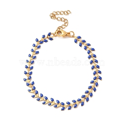 Enamel Ear of Wheat Link Chains Bracelet, Vacuum Plating 304 Stainless Steel Jewelry for Women, Medium Blue, 6-7/8 inch(17.6cm)(BJEW-P271-02G-06)
