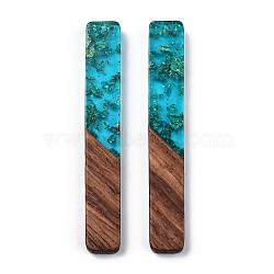 Transparent Resin & Walnut Wood Big Pendants, with Gold Foil, Rectangle Charm, Dark Turquoise, 51.5x7.5x3mm, Hole: 1.8mm(RESI-TAC0017-03C)