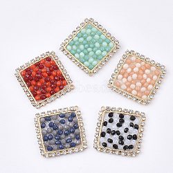 Handmade Woven Pendants, with Faceted Glass Beads, Crystal Rhinestone and Golden Plated Brass Findings, Rhombus, Mixed Color, 32x32x3mm, Hole: 1.4mm, Side Length: 24.5mm(FIND-S319-19)